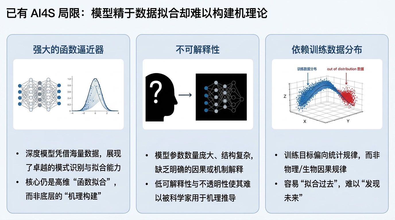 现有 AI for Science 方法在机制构建方面的局限示意图